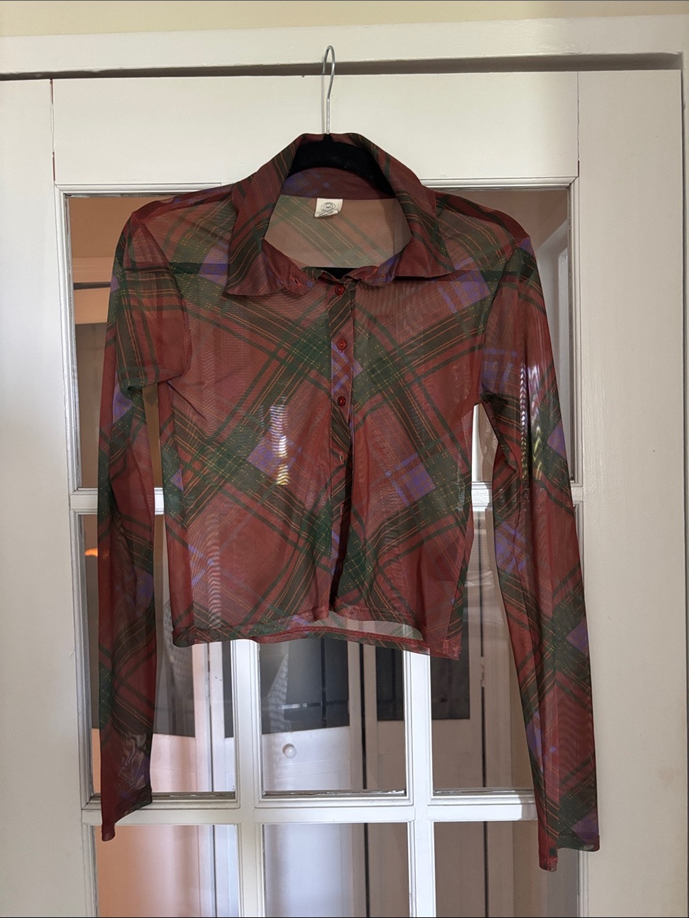 Women’s Sheer Plaid Button Down Cropped Shirt